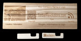 Alternate view of wood plank 5-1/4 x 12 inches 7/8 inch thick, with custom engraved picture. Plank can have various custom engravings done, showing QR code and NFC  with locations for custom information. also showing minimalist stand