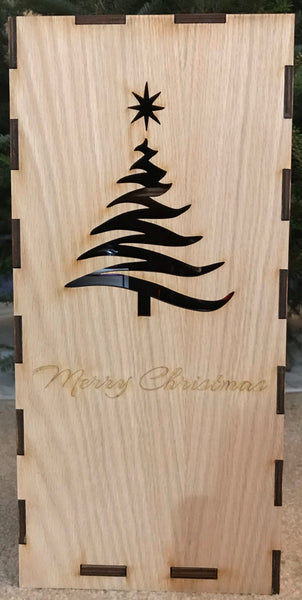 Customizable wood gift box, image shown is laser cut artistic xmas tree with Merry Christmas engraved below the cutout.
