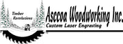 Company Logo with bear in the background of forest showing the Timber Revolutions text above the quarter circle saw blade shape and Asccoa Woodworking Inc. custom laser engraving text to the right.