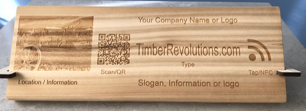 of wood plank 5-1/4 x 15 inches 7/8 inch thick, with custom engraved picture. Plank can have various custom engravings done, showing QR code and NFC  with locations for custom information.