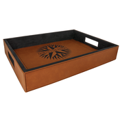 wood serving tray with custom tan leather insert.