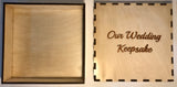 8" x 8" x 2-1/4" deep birch plywood gift box, with raised lettering "Our Wedding Keepsake" on the lid.