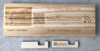 Alternate view of wood plank 5-1/4 x 15 inches 7/8 inch thick, with custom engraved picture. Plank can have various custom engravings done, showing QR code and NFC  with locations for custom information. also showing minimalist stand
