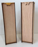 Showing two Wooden (oak plywood) wine gift boxes, approximately 4-1/4" square by 15" tall, with sliding front.